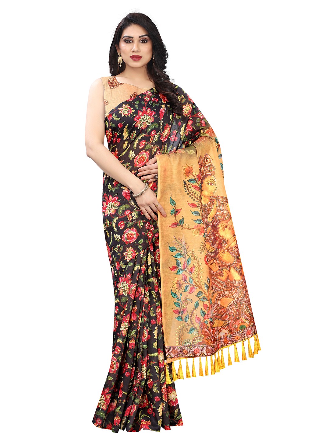 

Silk Land Multicoloured Kalamkari Pure Cotton Saree With Tassels, Multi