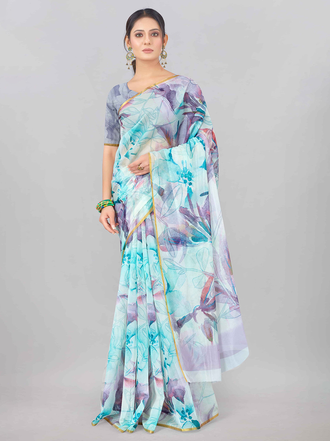 

Silk Land Blue & Purple Floral Organza Chanderi Saree