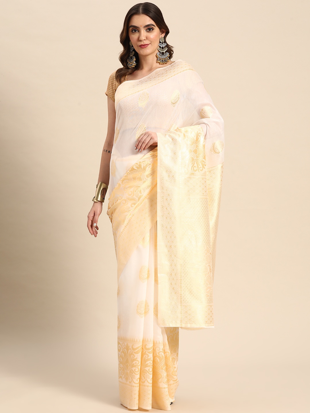 

Silk Land Off White & Gold-Toned Woven Design Zari Kasauv Saree