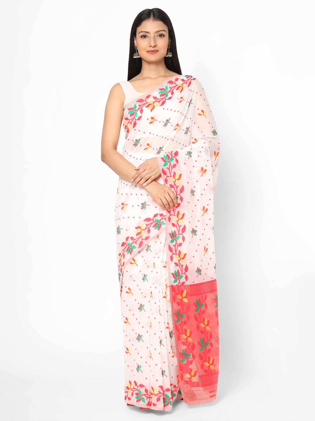

Silk Land White & Peach-Coloured Ethnic Motifs Pure Cotton Jamdani Saree