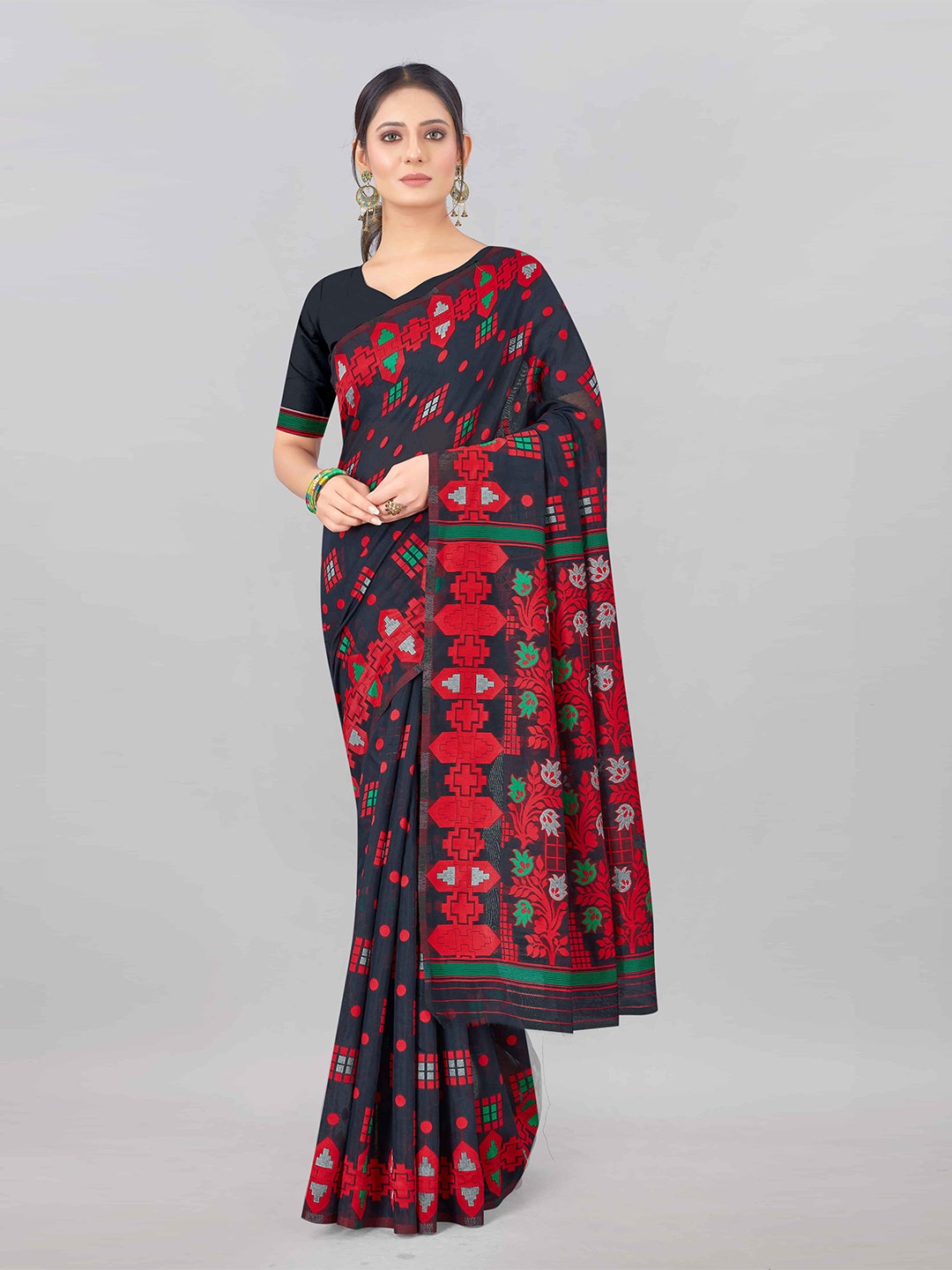 

Silk Land Black & Red Floral Pure Cotton Jamdani Saree