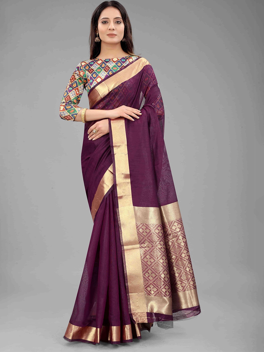 

Silk Land Purple & Gold-Toned Zari Saree