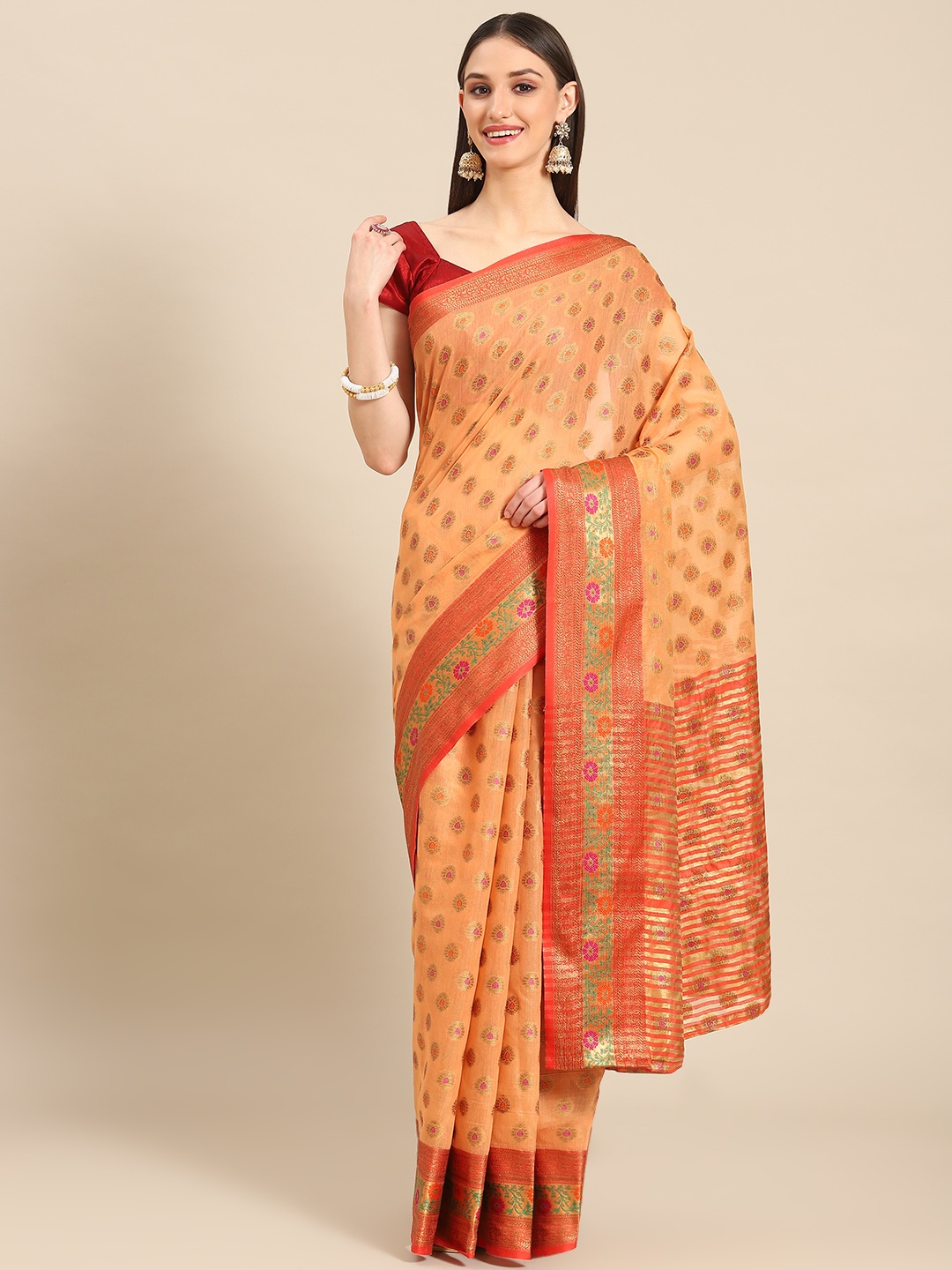

Silk Land Orange & Golden Ethnic Motifs Saree