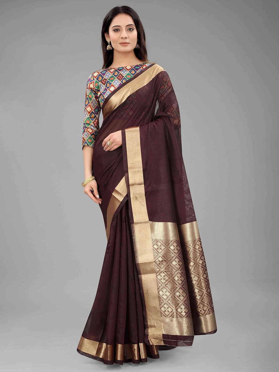 

Silk Land Brown & Gold-Toned Zari Saree