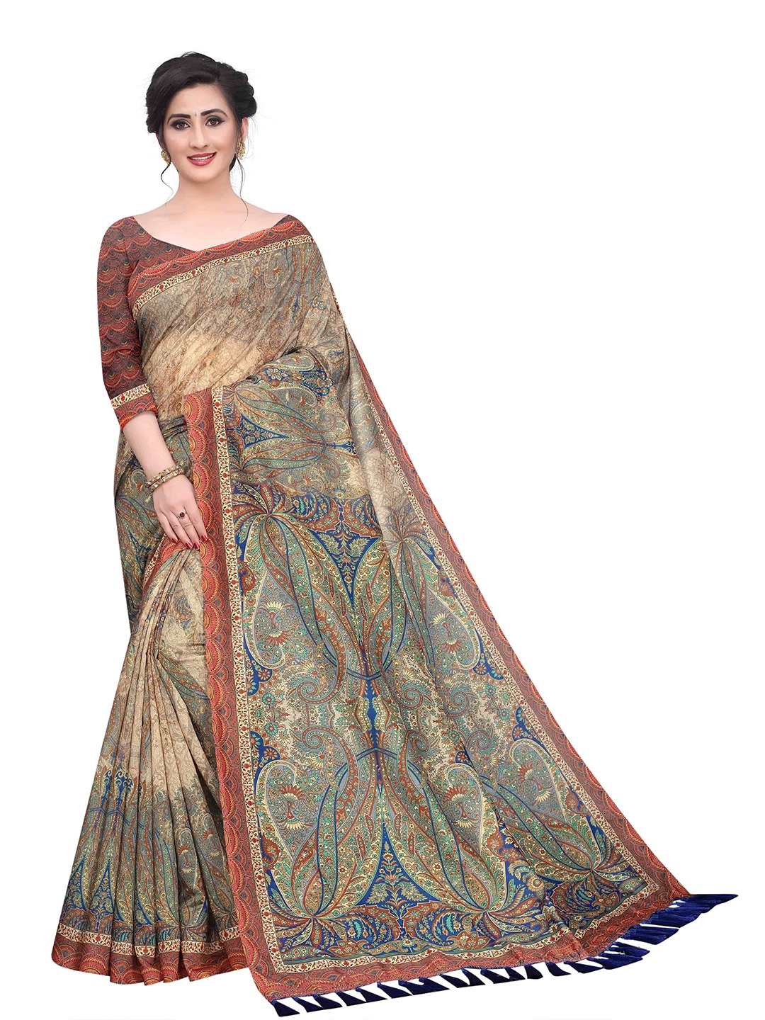 

Silk Land Grey Kalamkari Saree With Tassels