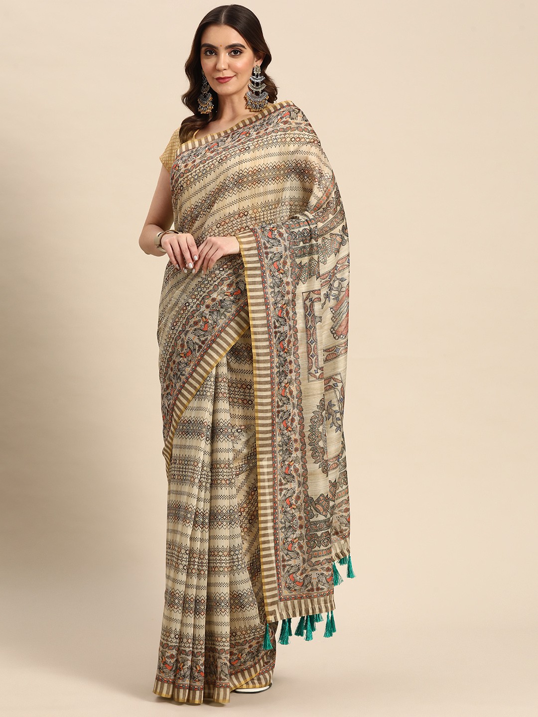 

Silk Land Grey Kalamkari Saree With Tassels