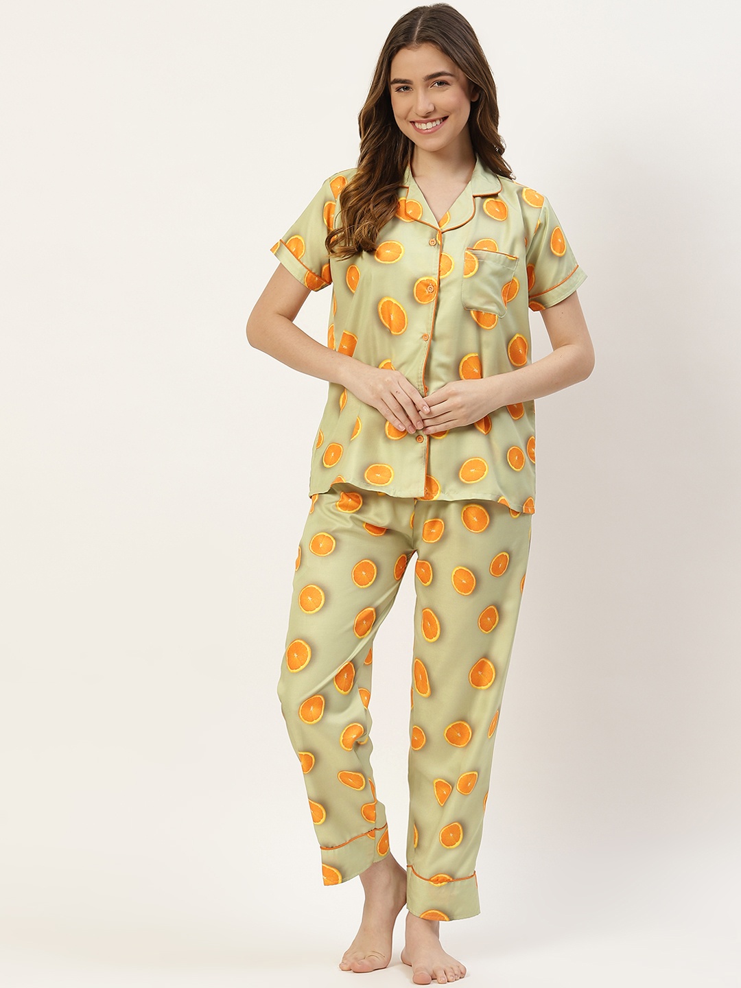 

Fasense Women Olive Green & Orange Printed Night suit