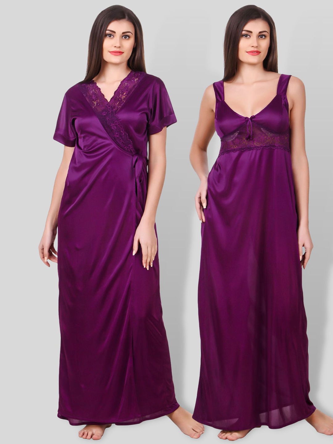 

Fasense Purple Satin Maxi Nightdress With Robe