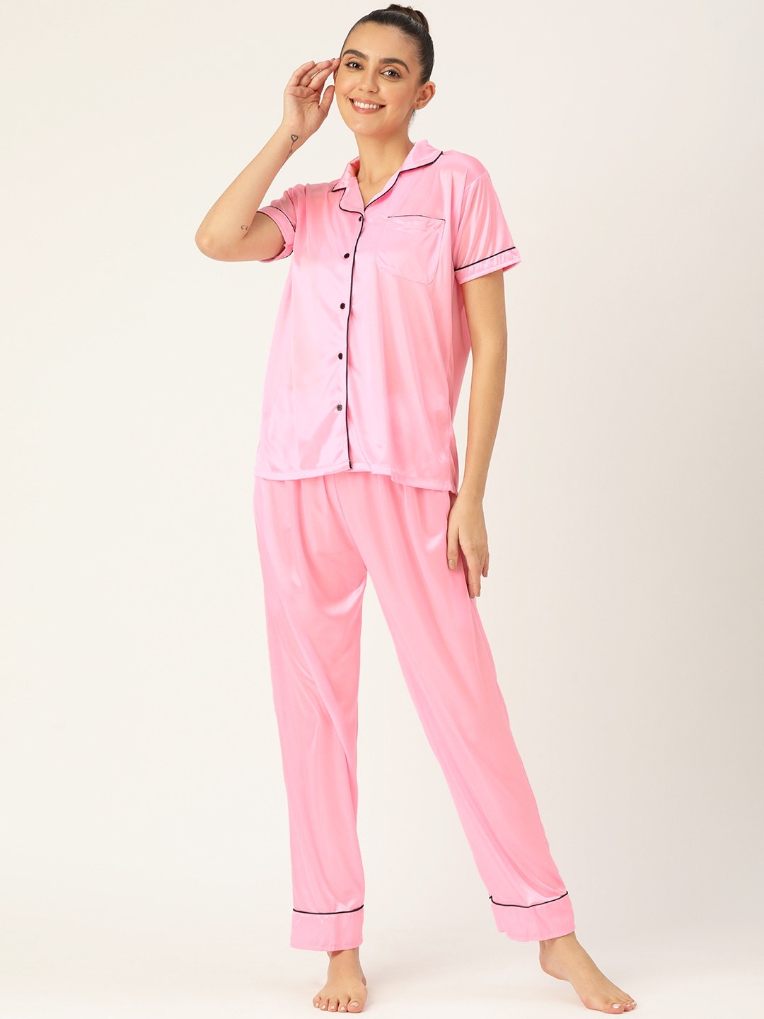 Fasense Women Pink Solid Pyjama Set