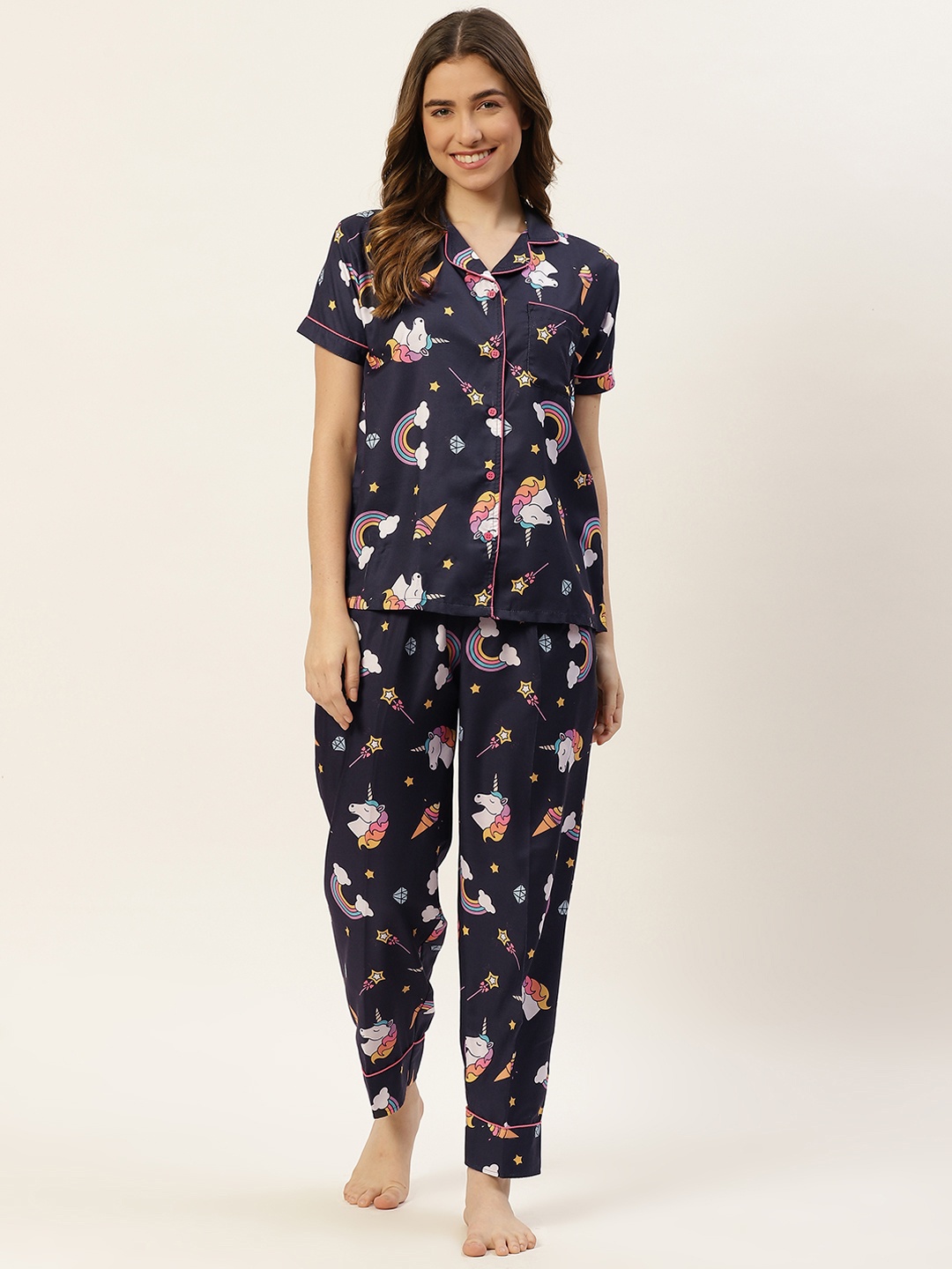 

Fasense Women Navy Blue & White Printed Night suit