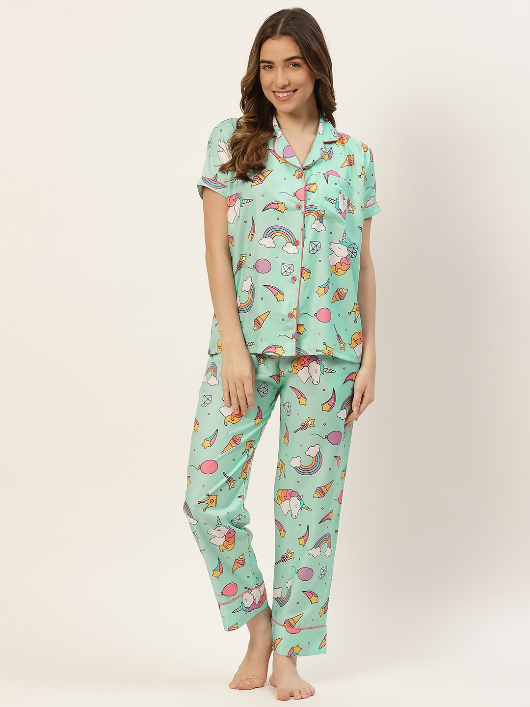 

Fasense Women Sea Green & White Printed Night suit