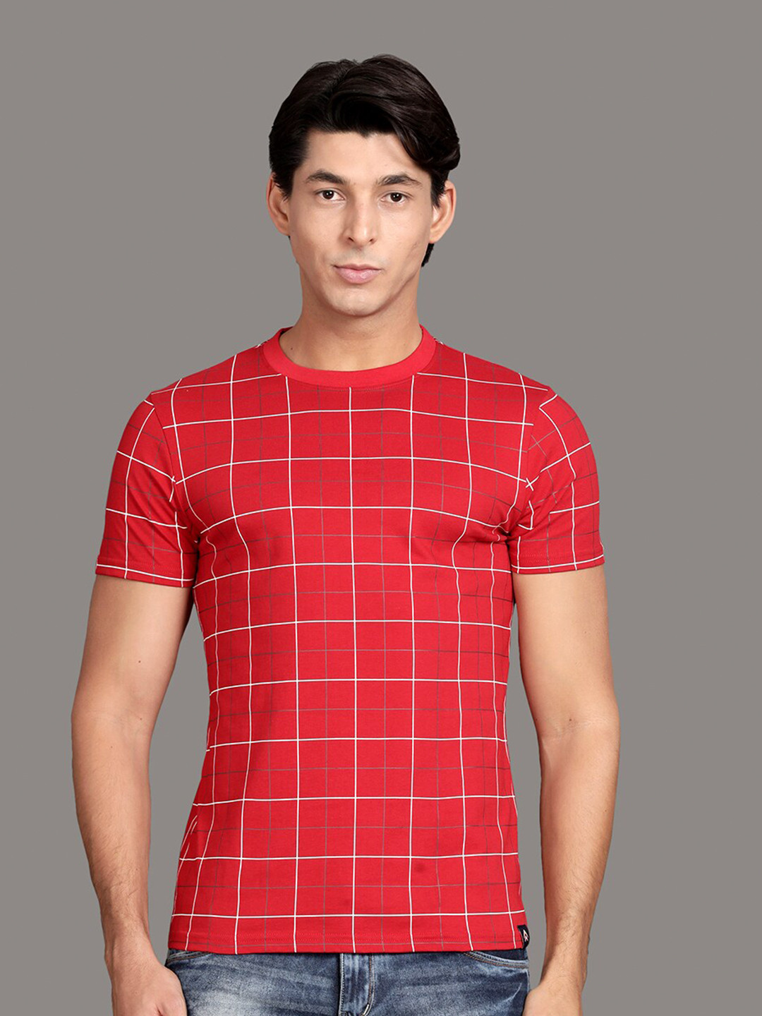 

Steenbok Men Red & White Checked Pure Cotton T-shirt
