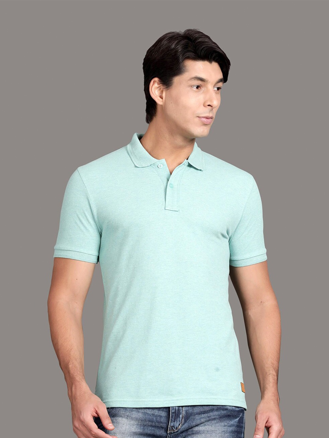 

Steenbok Men Sea Green Polo Collar Cotton T-shirt