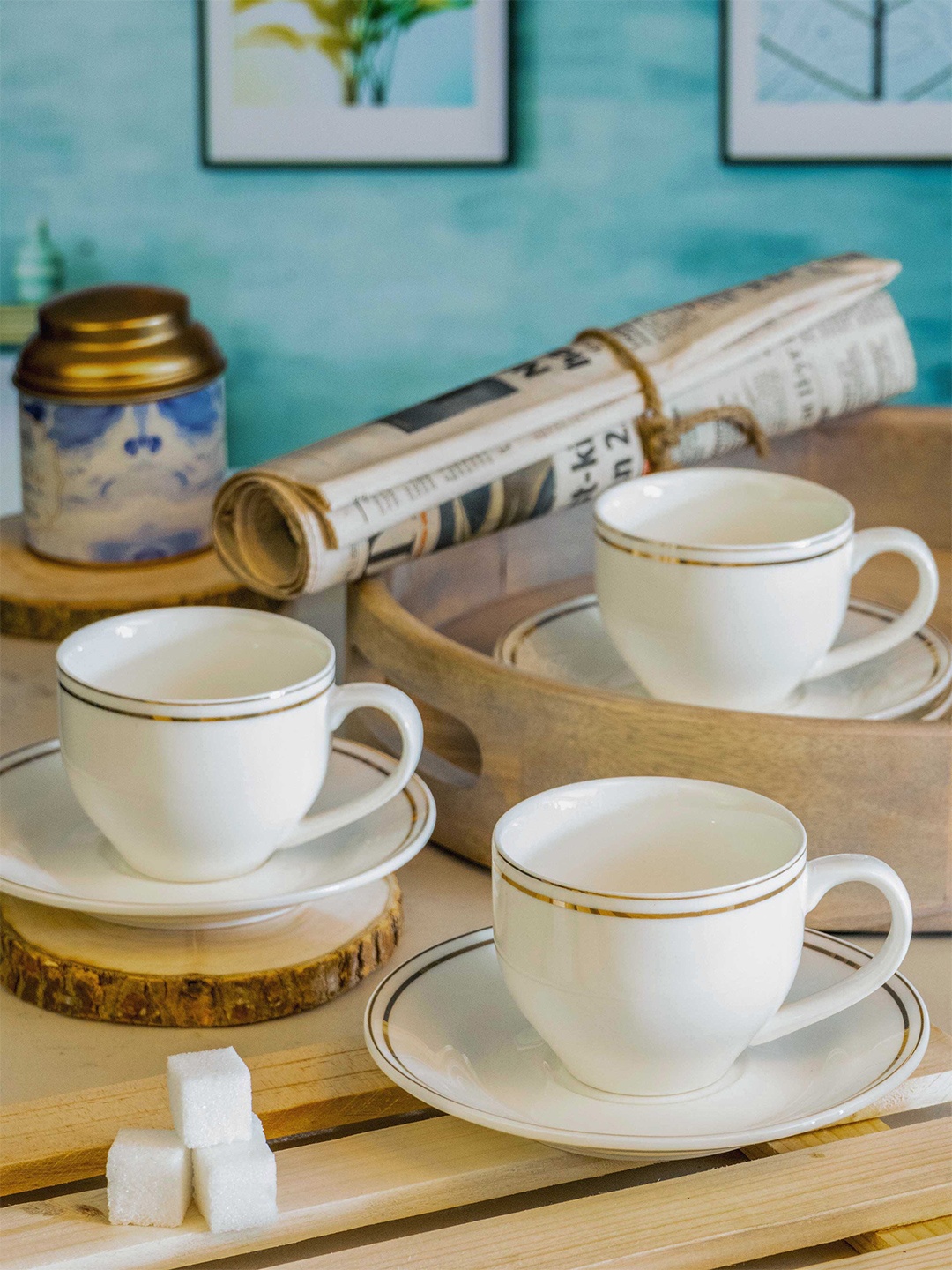 

White Gold White & Gold-Toned Solid Porcelain Glossy 6 Pcs Cups & Saucer Set