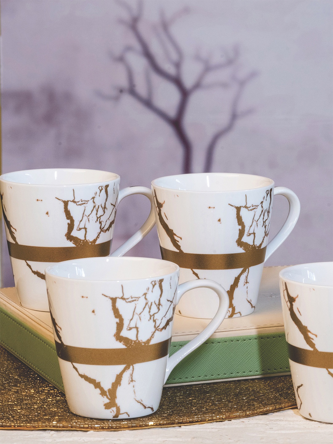 

White Gold Set of 6 White & Gold-Toned Printed Porcelain Glossy Cups