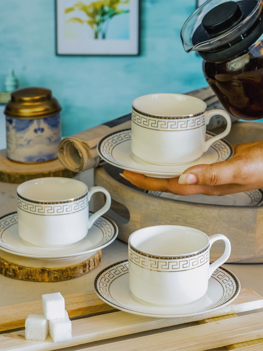 

White Gold White & Grey Printed 6pc Porcelain Glossy Set of Cups and Saucers
