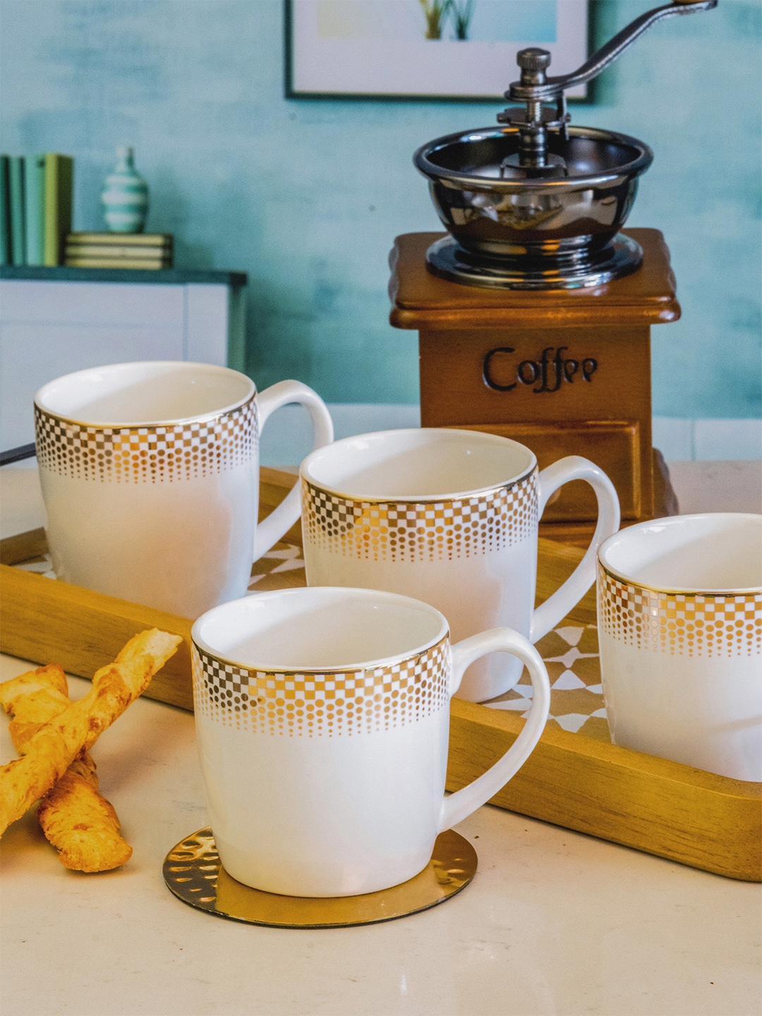 

White Gold Set of 6 White & Gold-Toned Printed Porcelain Glossy Cups