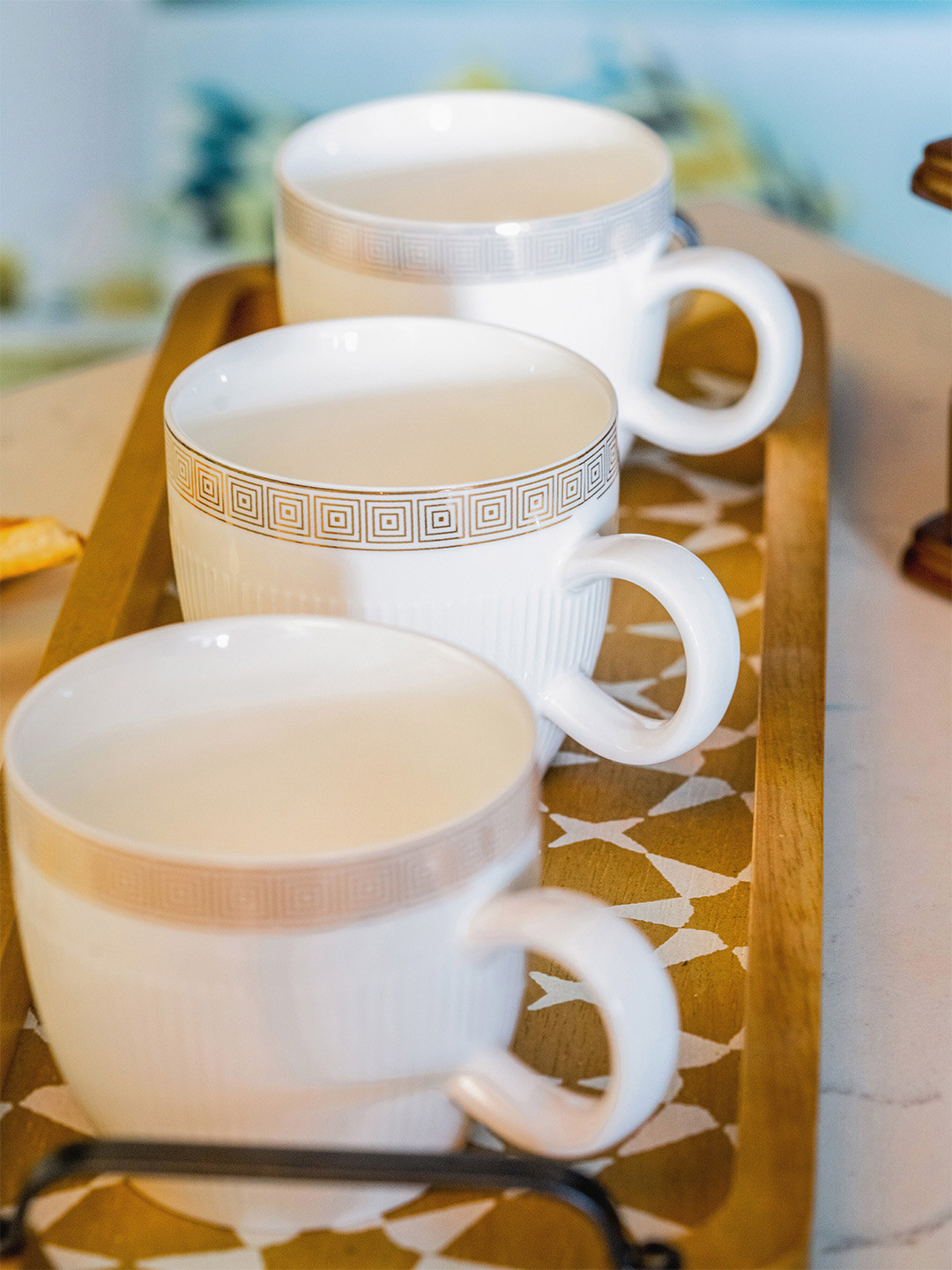 

White Gold Set of 6 White & Gold-Toned Printed Porcelain Glossy Cups
