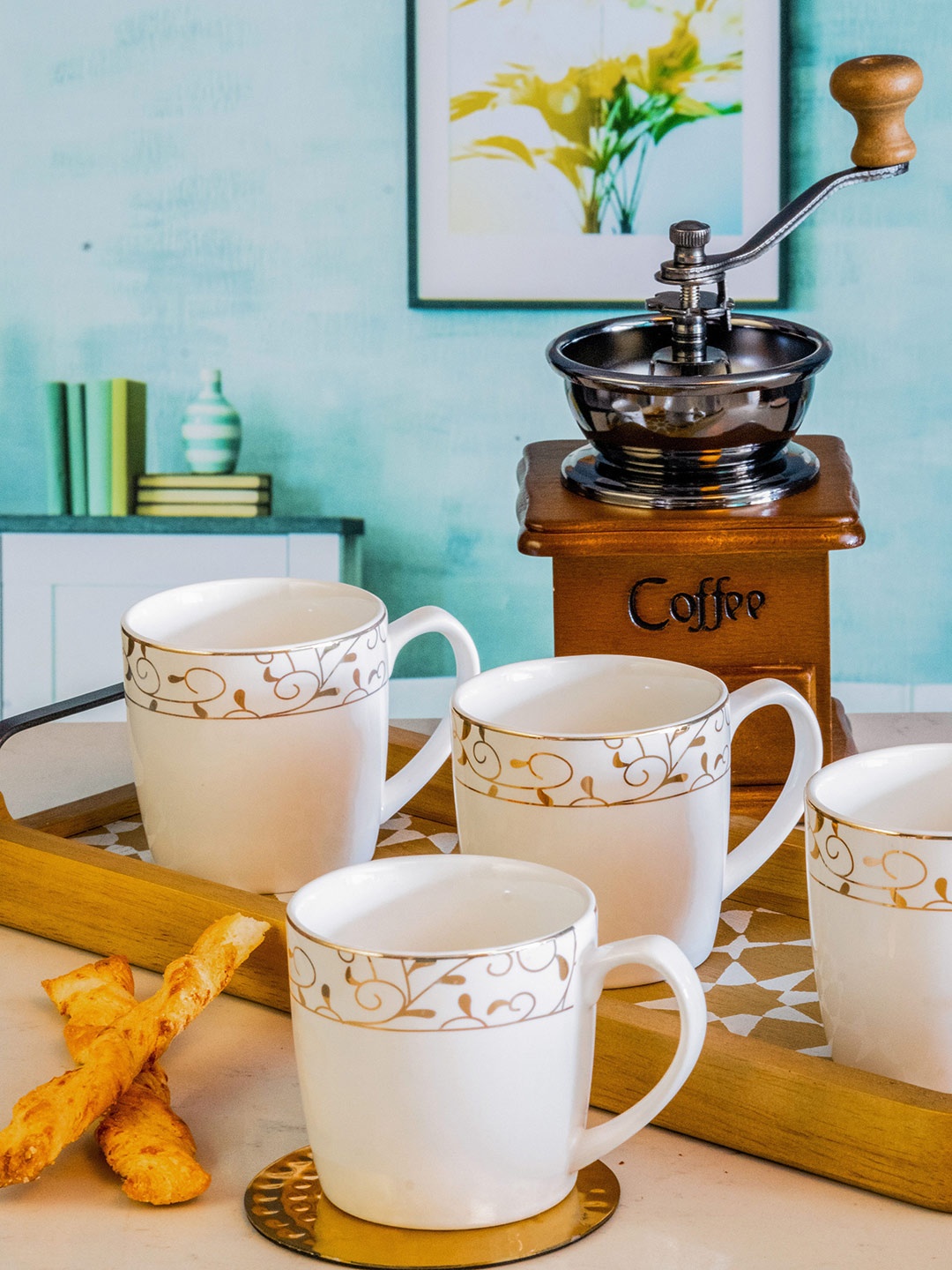 

White Gold Set of 6 White & Gold-Toned Printed Porcelain Glossy Cups