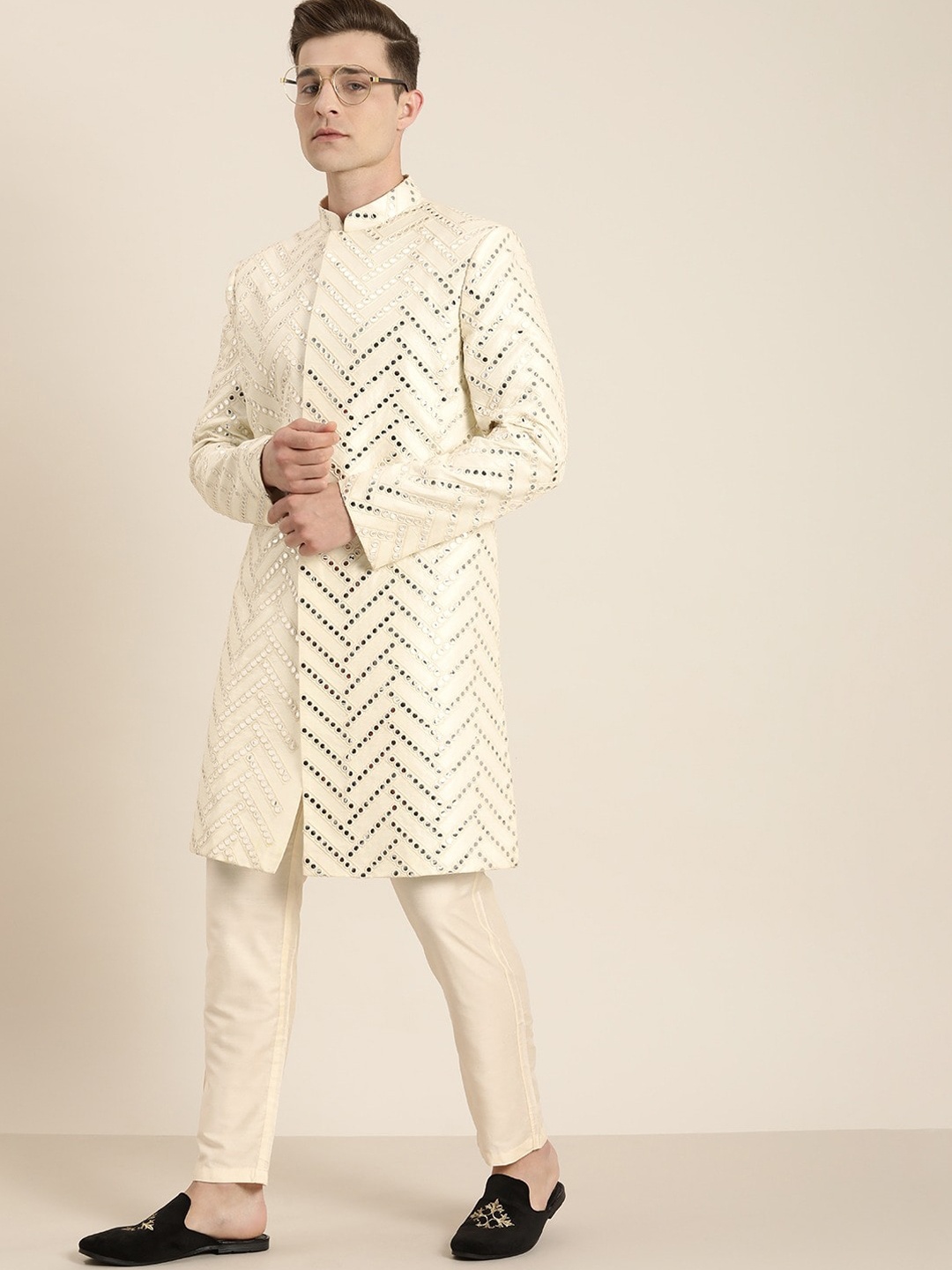 

VASTRAMAY Men Cream Colored Mirror Worked Sherwani Set