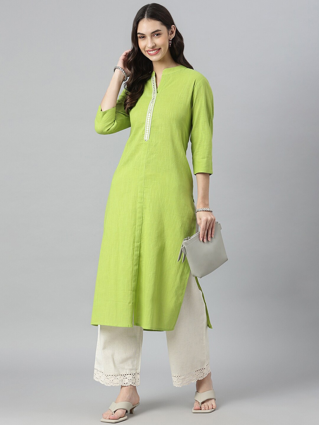 

Stylum Women Lime Green Embroidered Mirror Work Pure Cotton Kurta