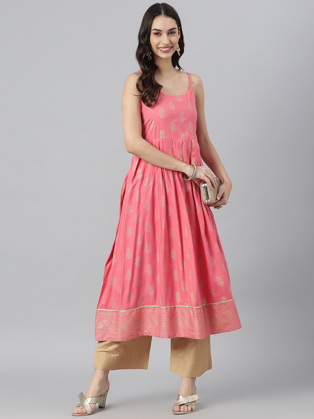 

Stylum Women Pink & Gold-Toned Ethnic Motifs Printed Pastels Anarkali Kurta