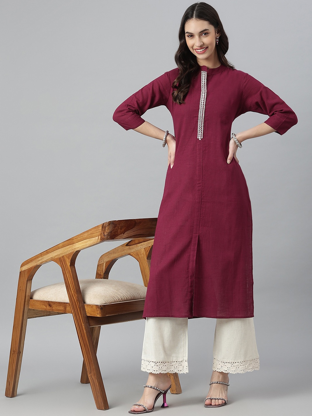 

Stylum Women Burgundy Solid Mirror Work Pure Cotton Straight Kurta