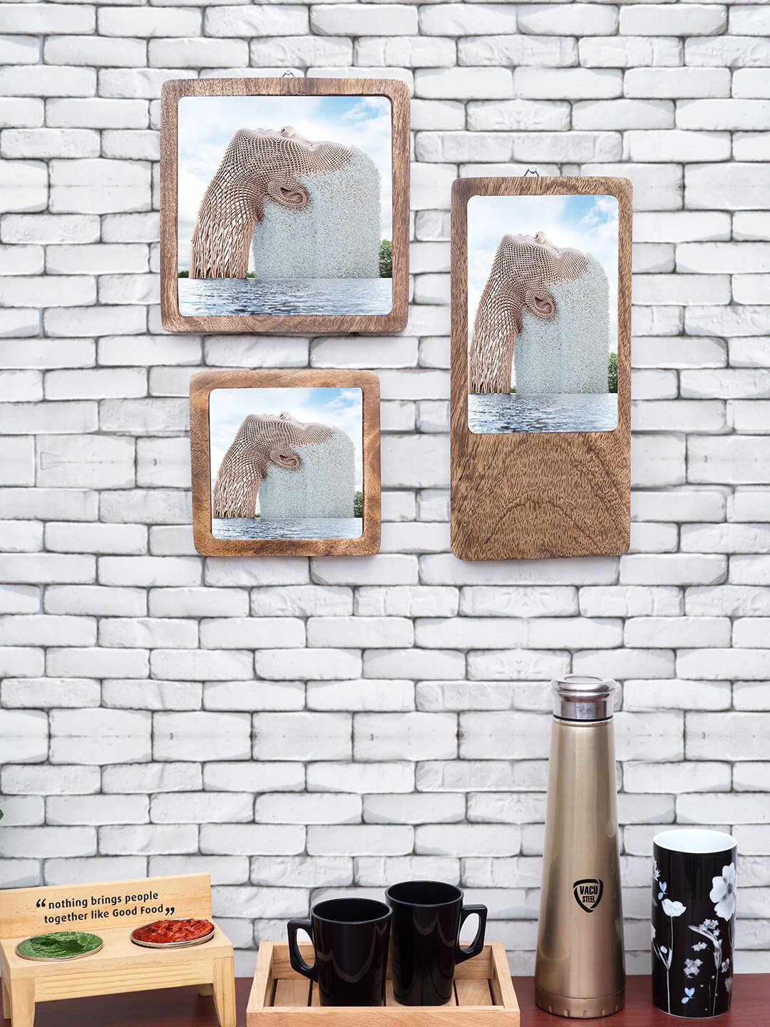 

Golden Peacock Set Of 3 Brown & Grey Printed Wooden Trays With Bowl