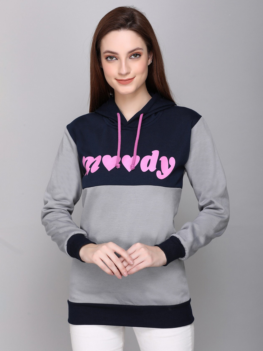

CUSHYBEE Women Grey Printed Hooded Sweatshirt