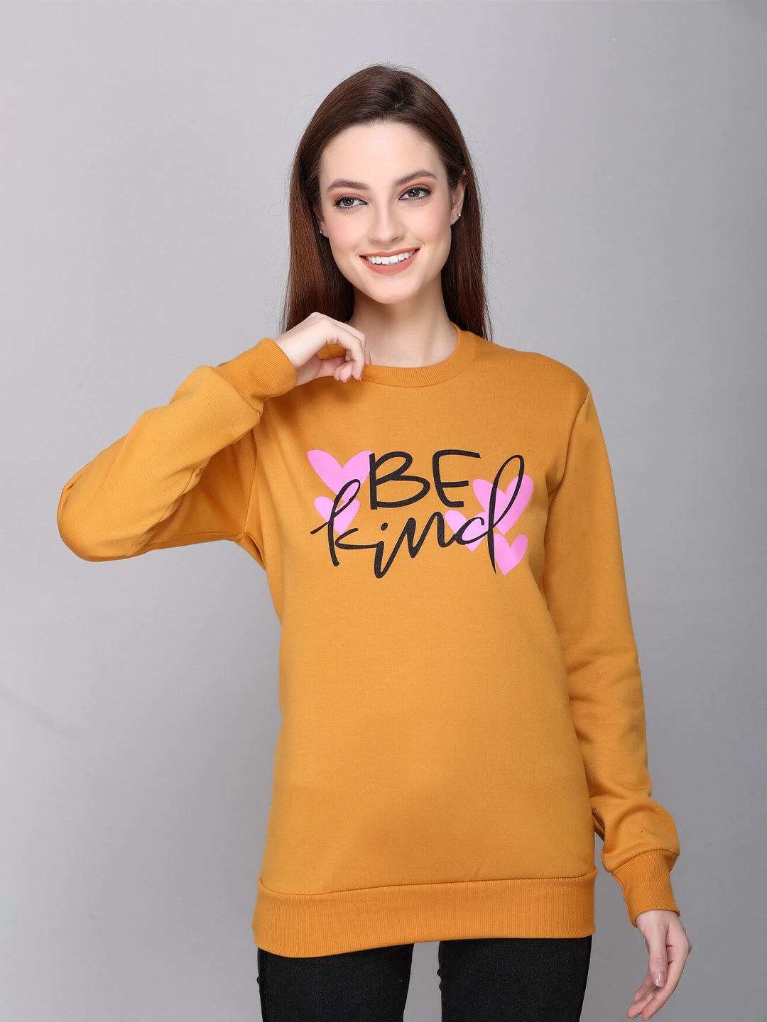 

CUSHYBEE Women Mustard Printed Sweatshirt