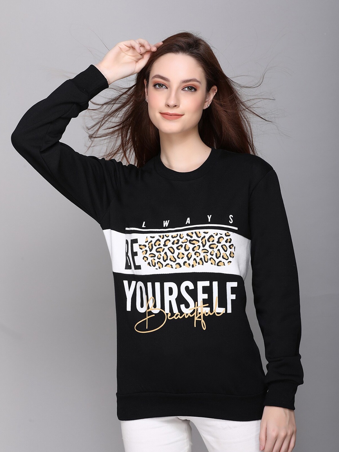 

CUSHYBEE Women Black Printed Sweatshirt