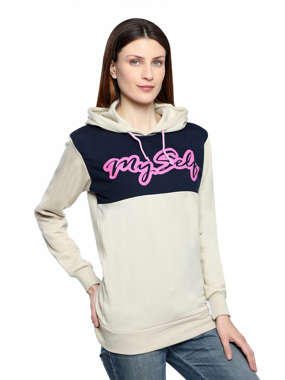 

CUSHYBEE Women Beige Printed Hooded Sweatshirt