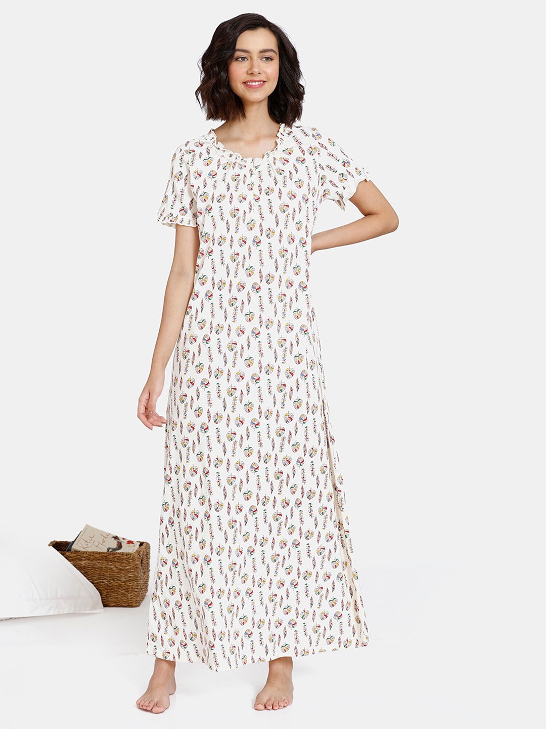 

Zivame White Tropical Printed Maxi Nightdress