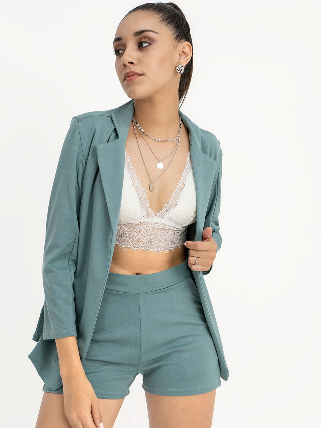 

CLOSETHOOK Women Mint Green Blazer & Shorts Set