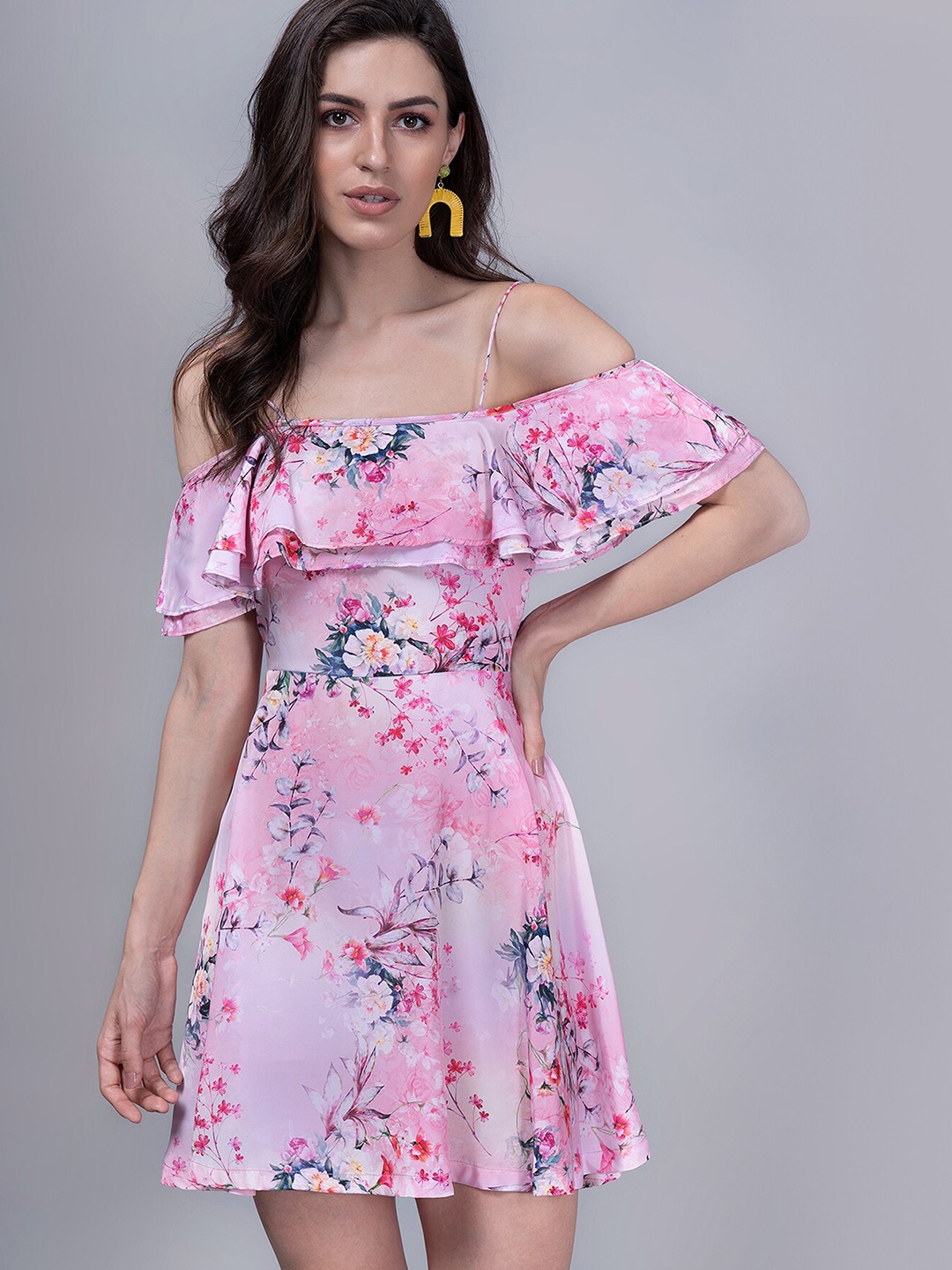 

CLOSETHOOK Women Pink Floral Printed Off-Shoulder Mini Dress