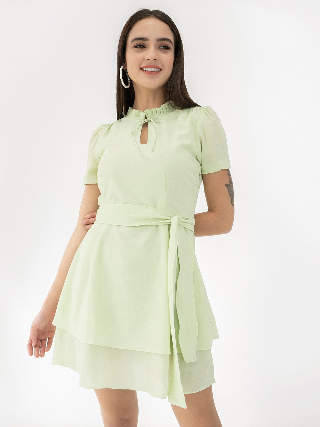 

CLOSETHOOK Women Green Tie-Up Neck Dress