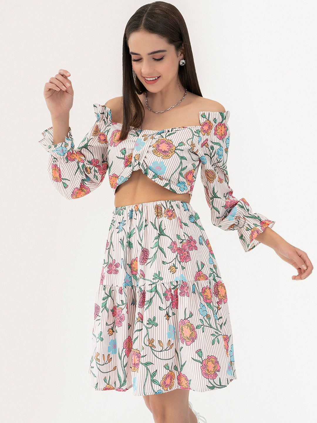

CLOSETHOOK Women White & Multicoloured Printed Top with Skirt