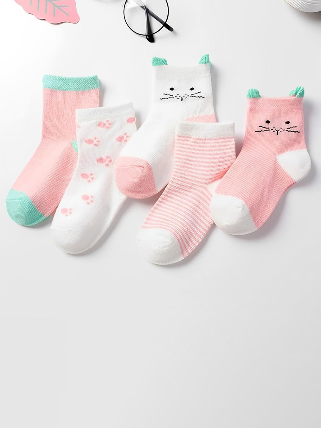 

SYGA Pack 5 Infants Peach & White Pattern Above Ankle Organic Cotton Socks