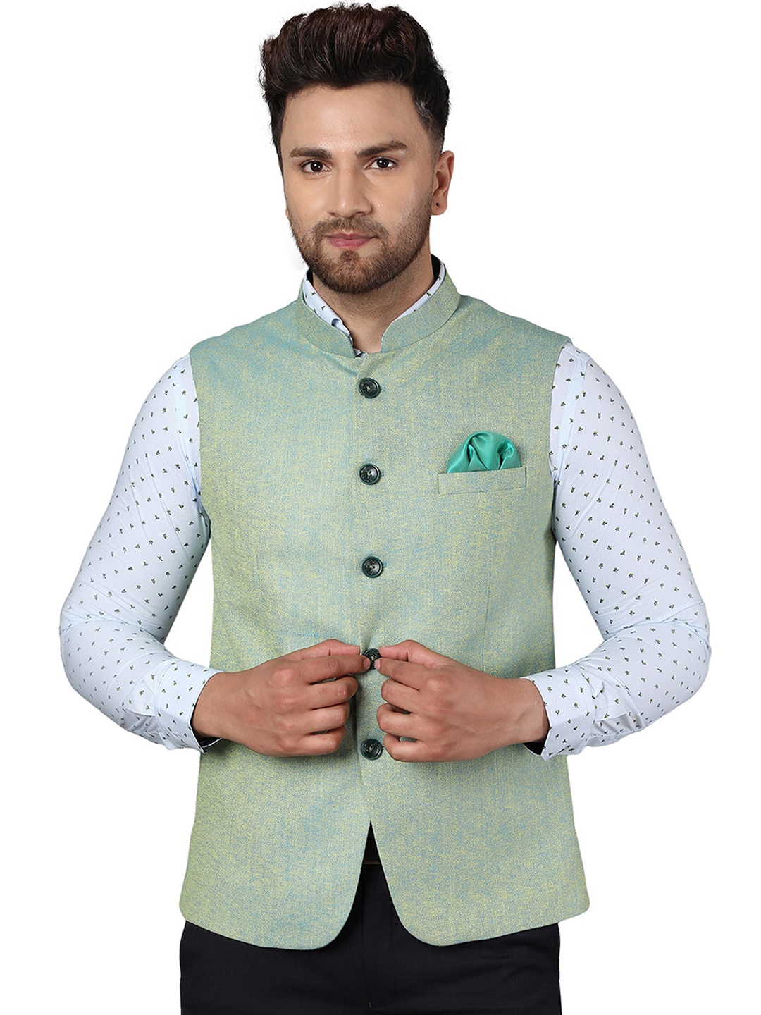 

Callino London Men Sea Green Printed Regular Fit Formal Nehru Jacket