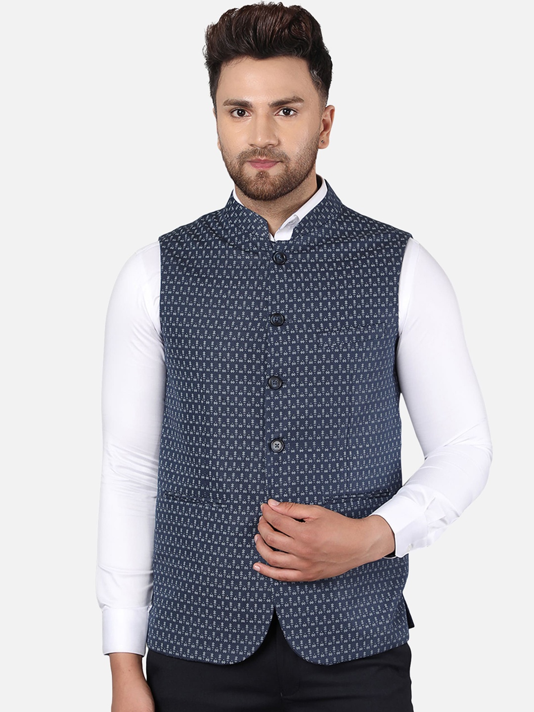 

Callino London Men Navy Blue Printed Regular Fit Pure Cotton Waist Coat