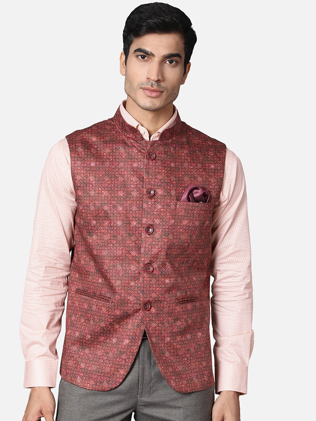 

Callino London Men Rust Printed Bandhgala Pure Cotton Woven Waistcoat