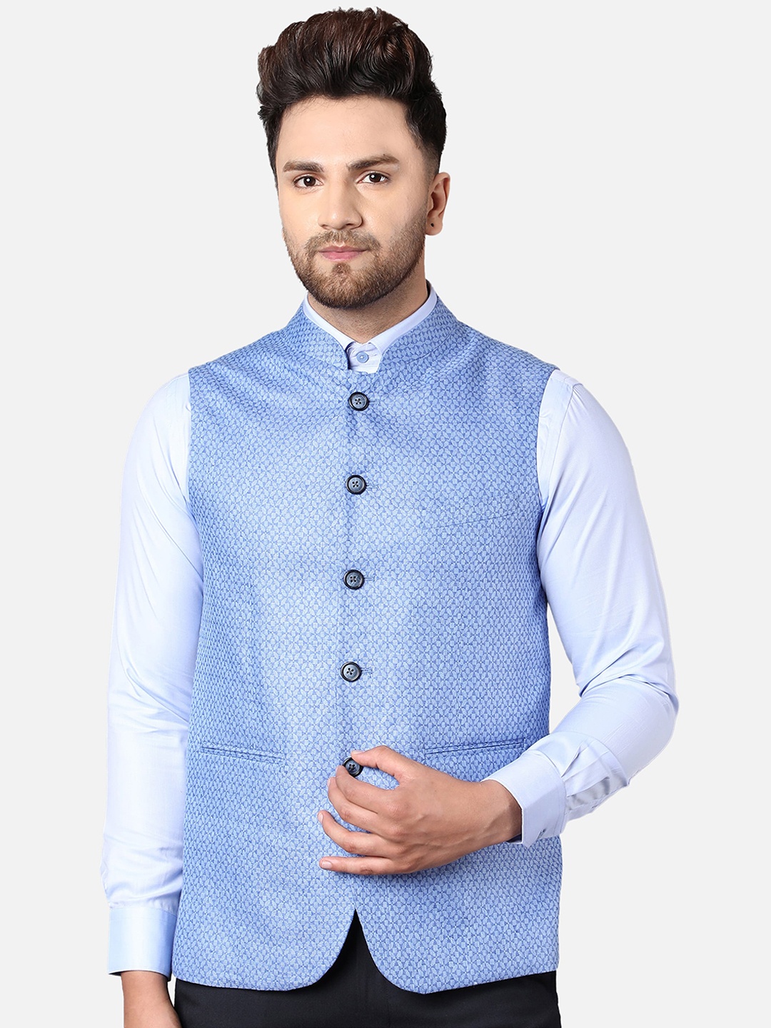 

Callino London Men Blue Woven Design Regular Fit Formal Nehru Jacket