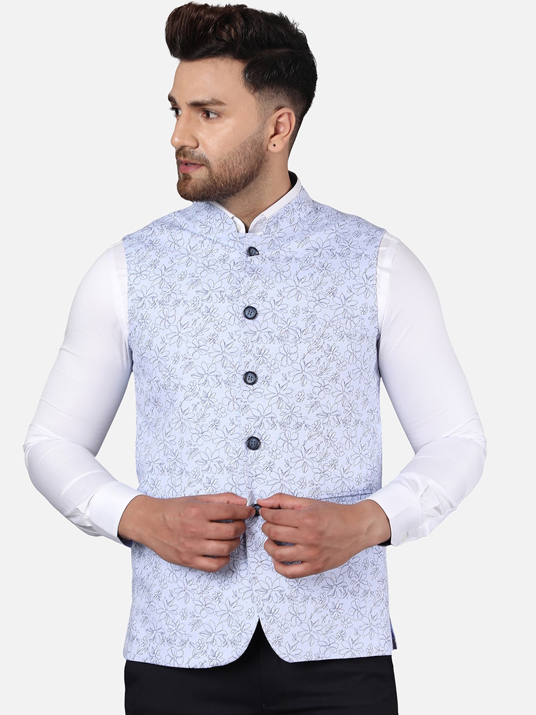

Callino London Men Blue Printed Regular Fit Pure Cotton Waist Coat