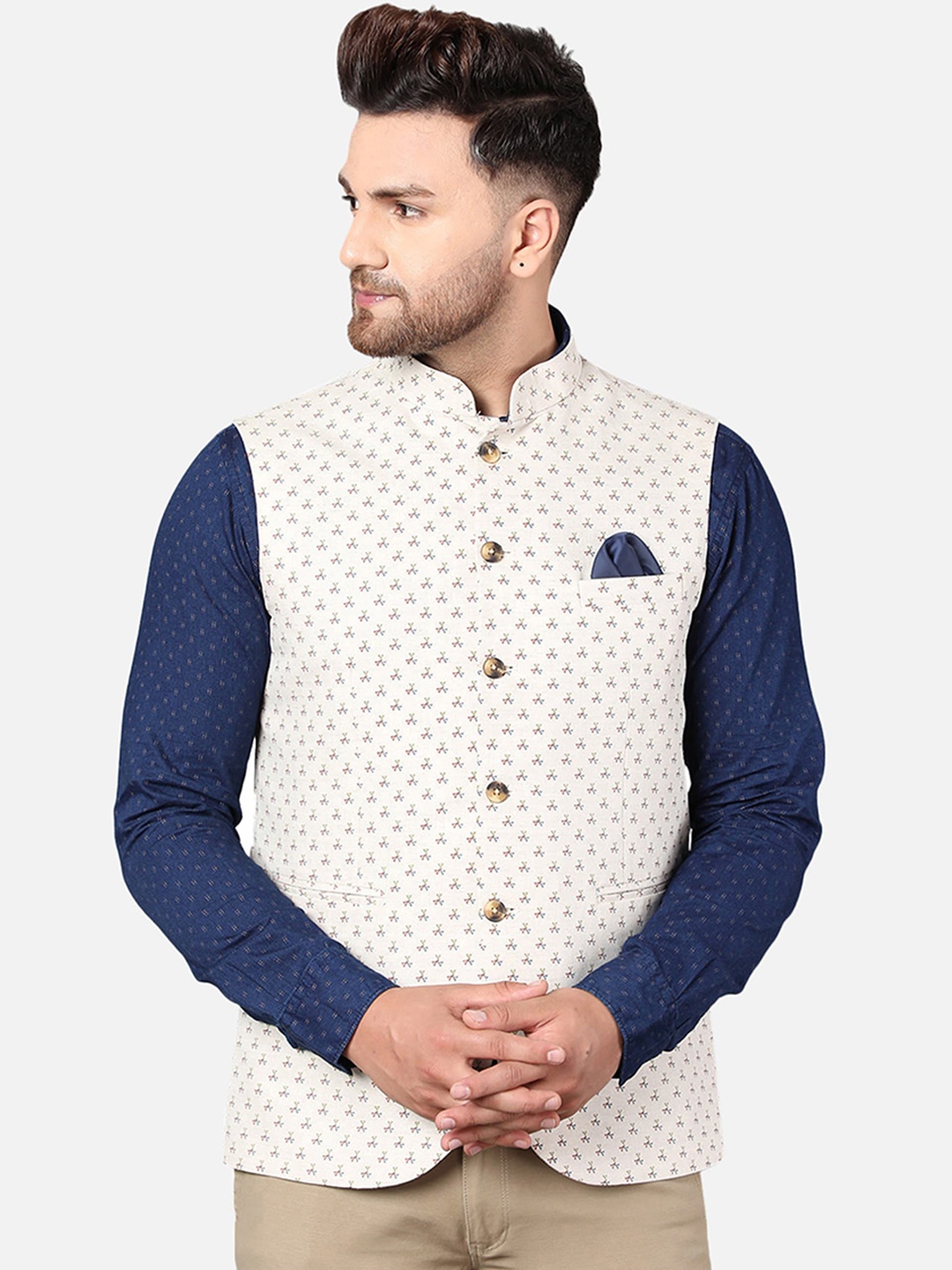 

Callino London Men Cream Printed Pure Cotton Nehru Jacket