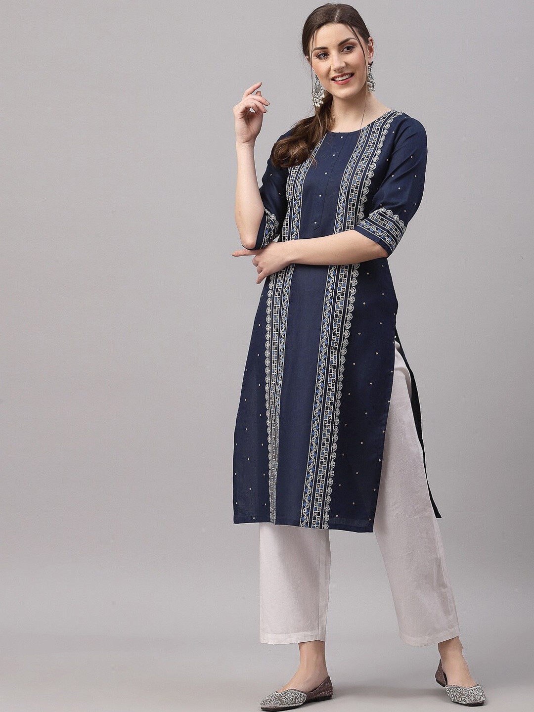 

SANISA Women Navy Blue & White Ethnic Motifs Printed Kurta