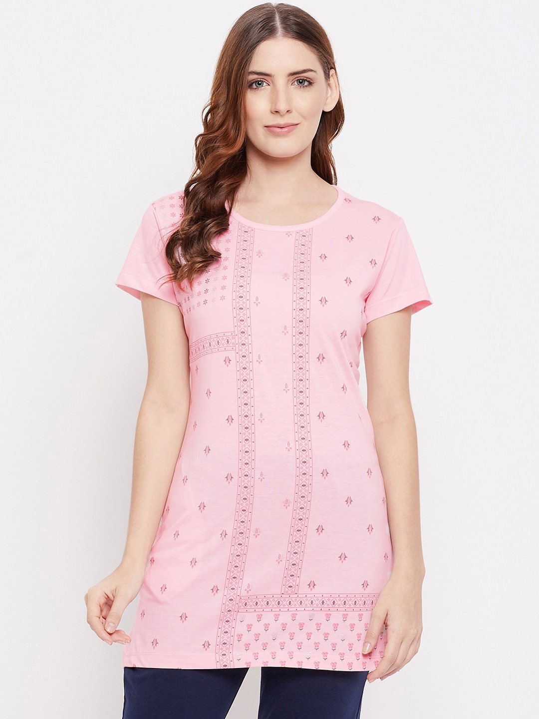 

THE MILLION CLUB Women Pink Printed Cotton Longline Lounge T-Shirt