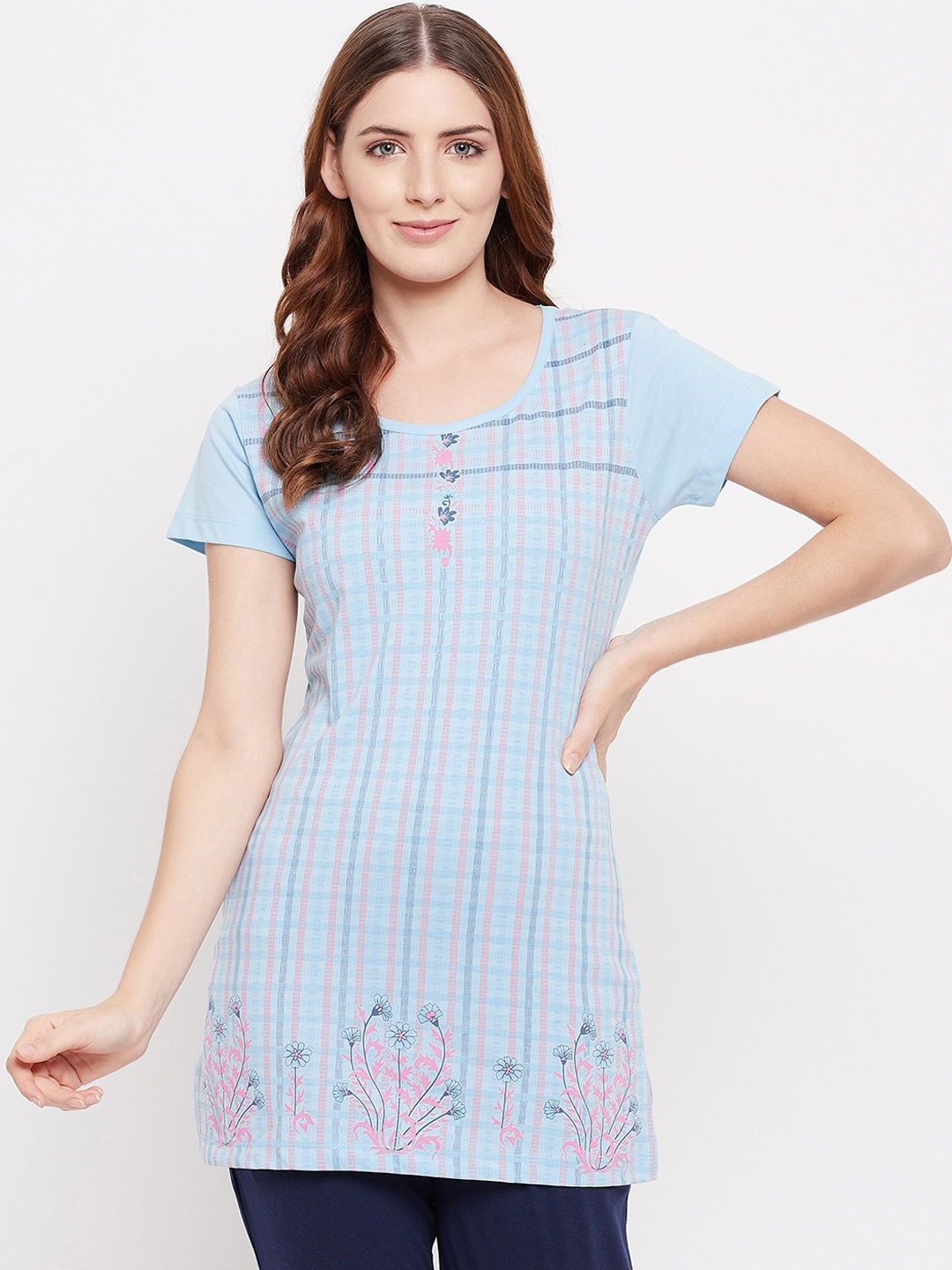 

THE MILLION CLUB Women Blue & Pink Printed Cotton Longline Lounge T-shirt