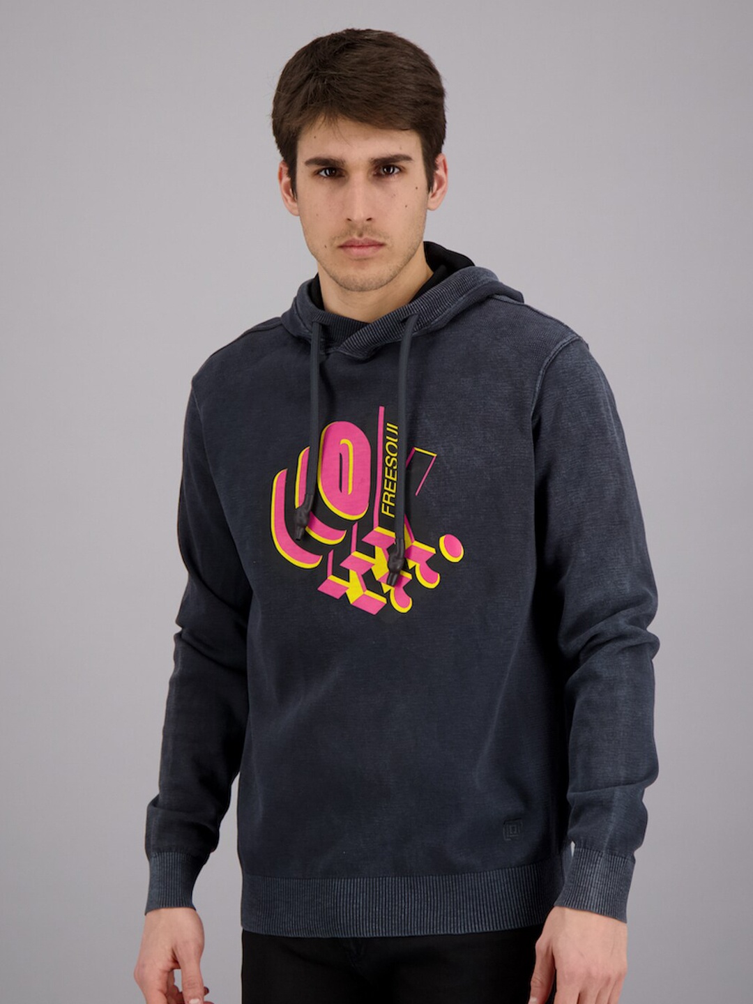 

FREESOUL Men Blue Printed Hooded Sweatshirt