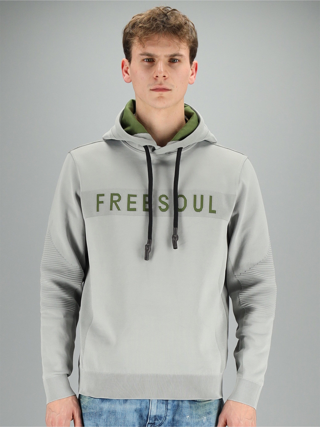 

FREESOUL Men Grey Printed Hooded Sweatshirt