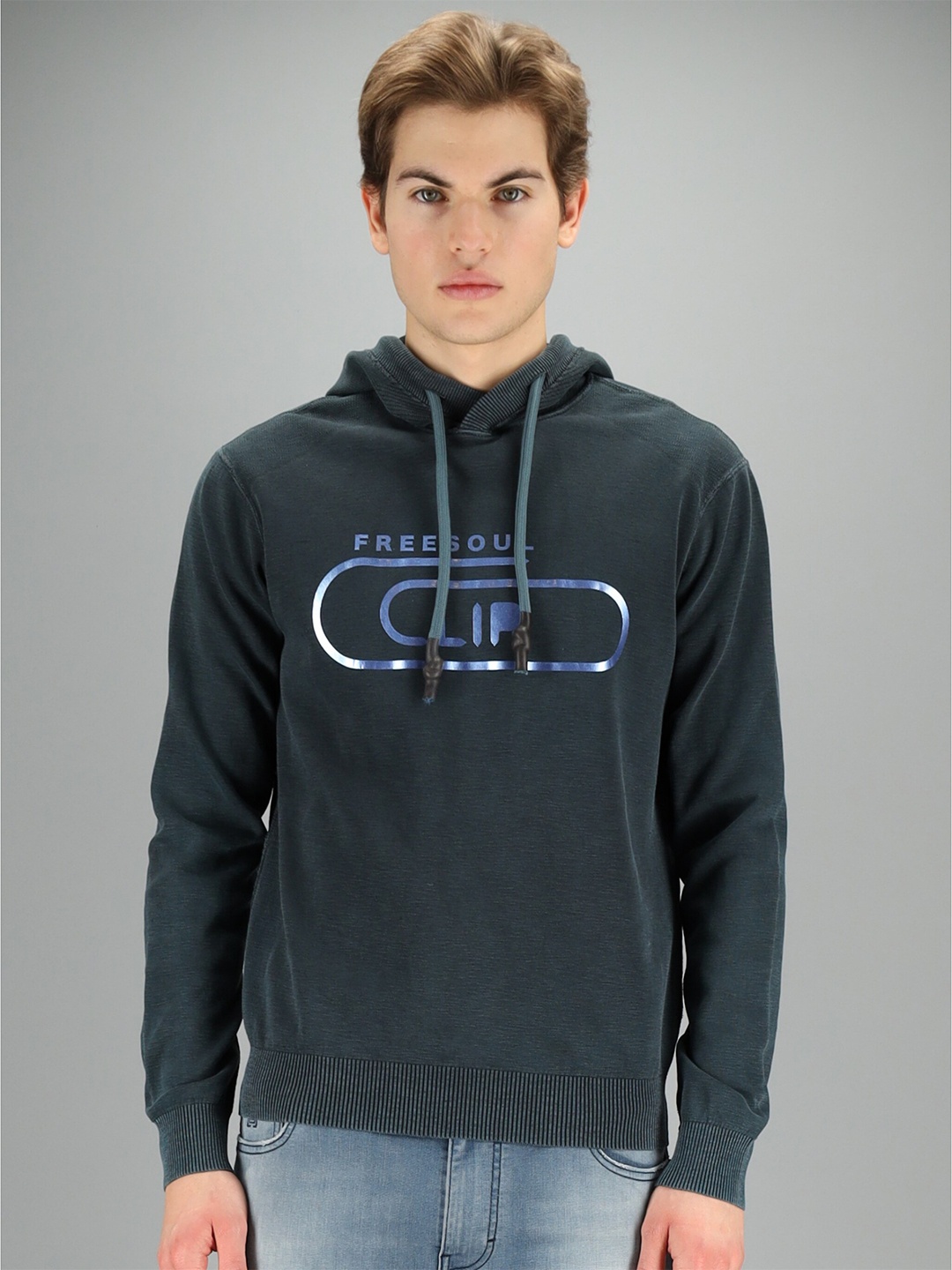 

FREESOUL Men Blue Printed Hooded Sweatshirt